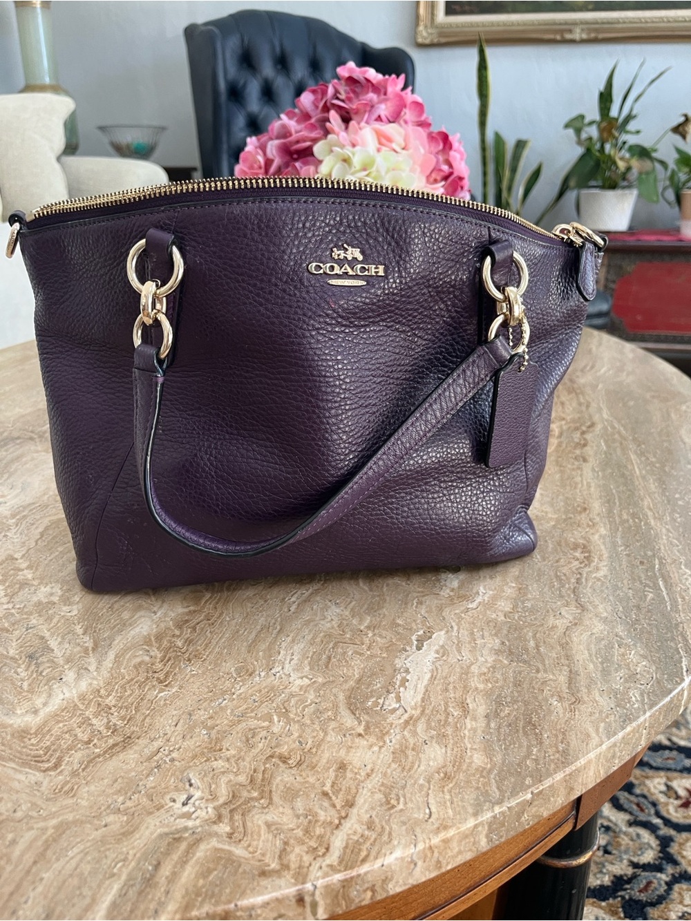 COACH Pebbled Leather Shoulder Tote in Plum